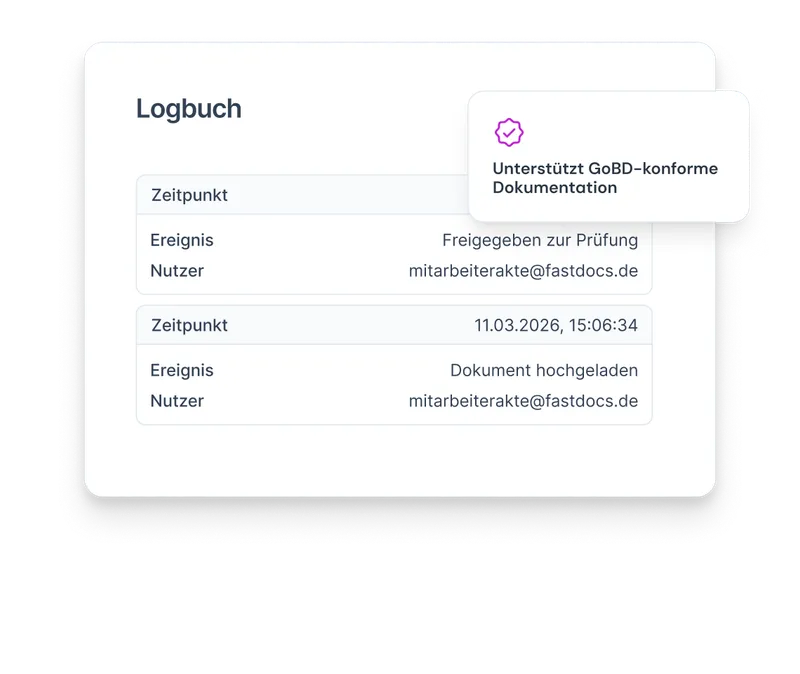 Logbuch in der Mitarbeiterakte mit Einträgen zu hochgeladenen und freigegebenen Dokumenten sowie GoBD-Konformitätsnachweis