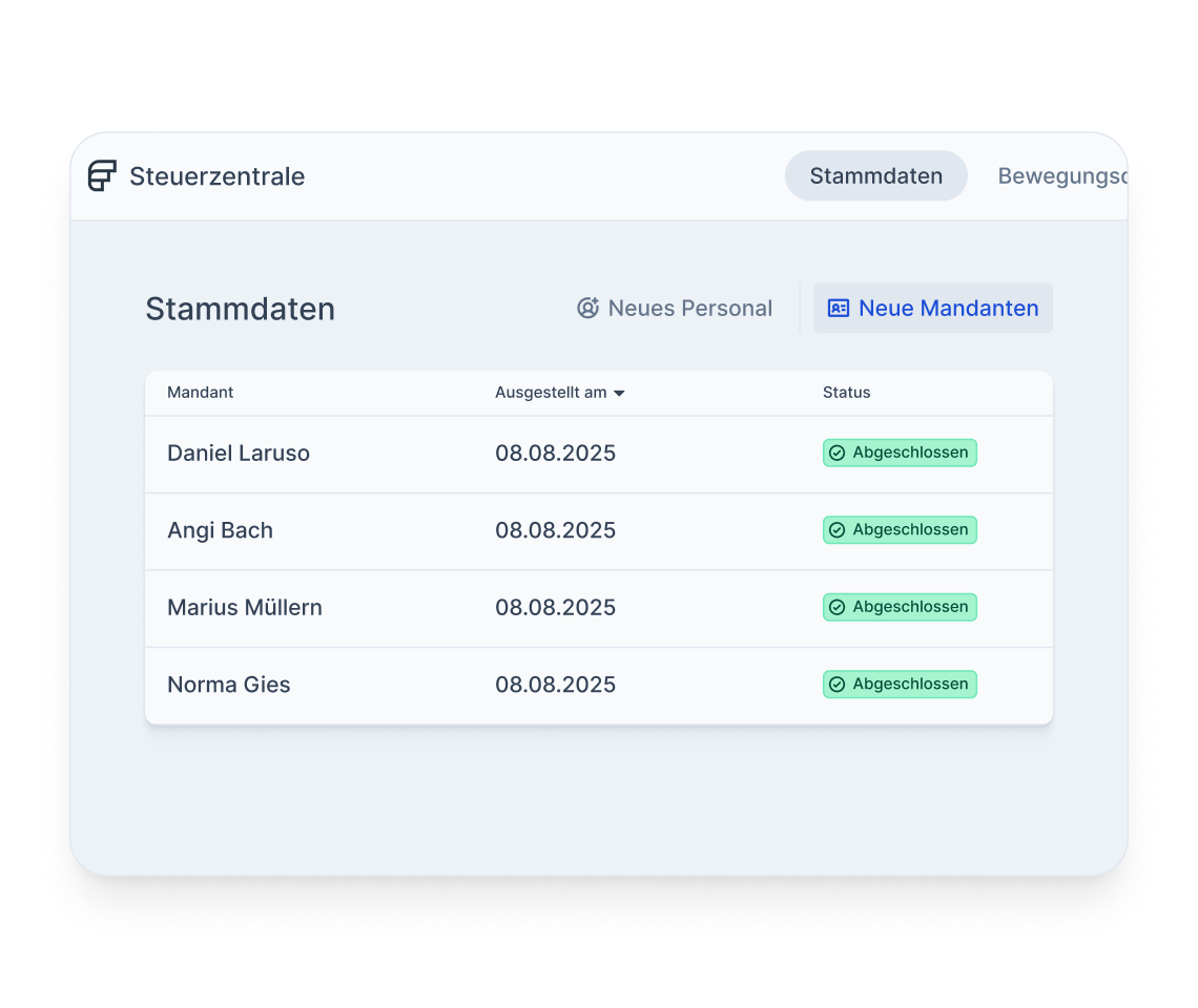 Bild von der Steuerzentrale mit Mandantenstammdaten Vorgängen