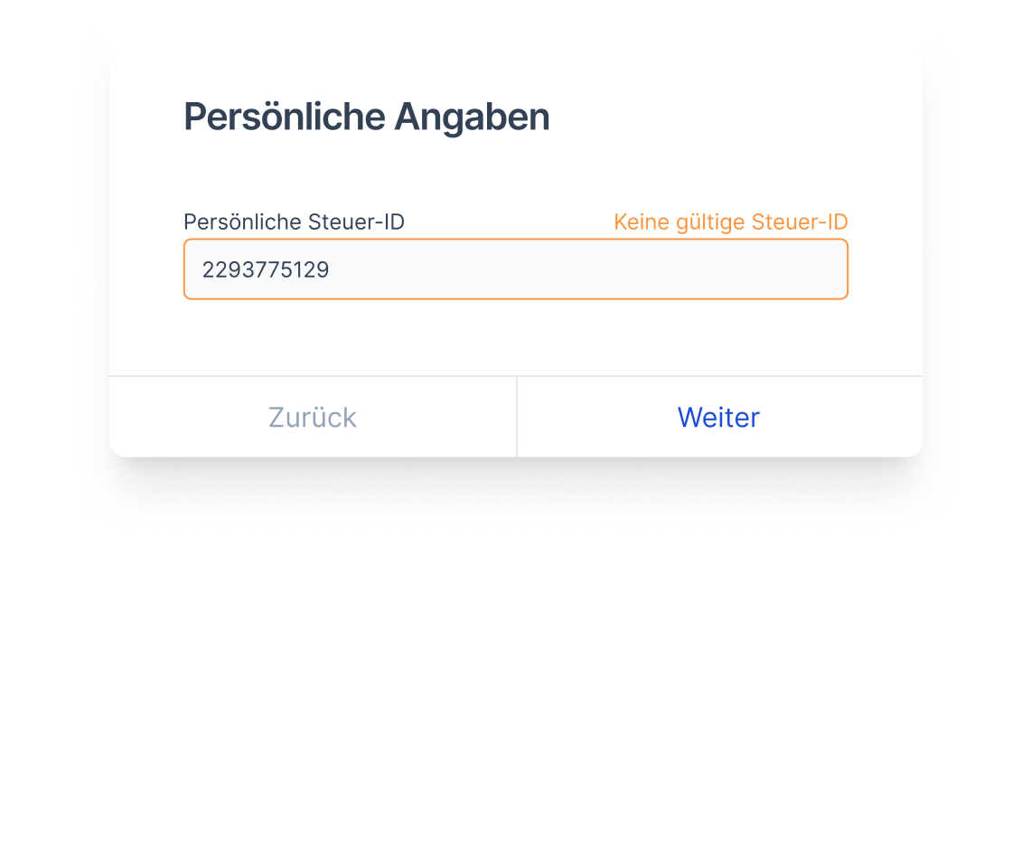 Screenshot der Fastdocs Plausibilitätsprüfung mit Fehlermeldung bei ungültiger Steuer-ID Eingabe