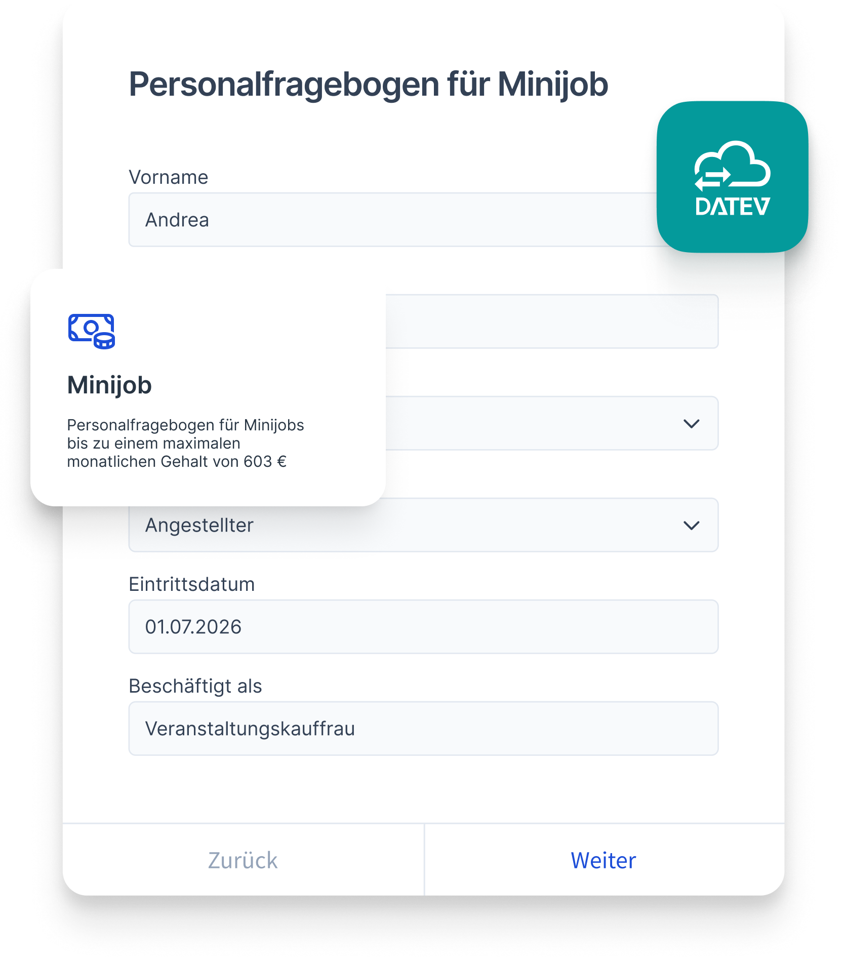 Grafik von einem Personalstammdaten Formular. Auf dem Formular ist ein grünes DATEV Logo zu sehen.